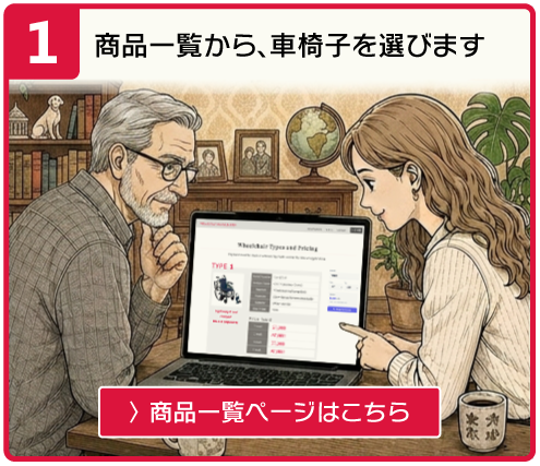 商品一覧から、車椅子を選びます 〉商品一覧ページはこちら